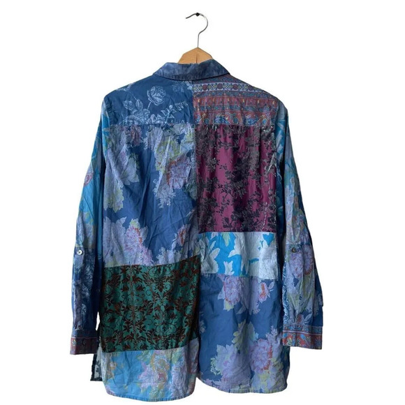 John Mark Patchwork Tunic Button Front Long Roll-Tab Sleeve Blouse Size M Blue - Picture 3 of 5